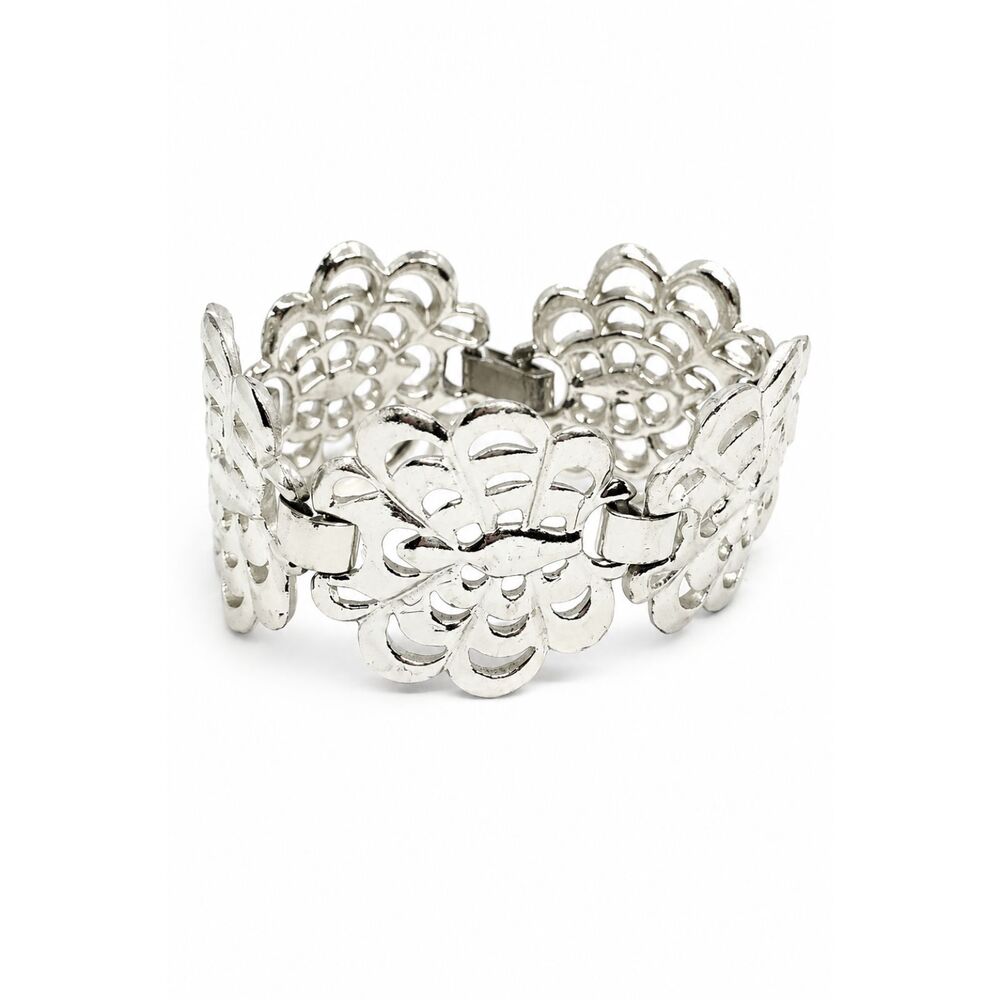 VINTAGE SILVER TONE Bracelet Floral Openwork Panel Wide Statement Mid Century